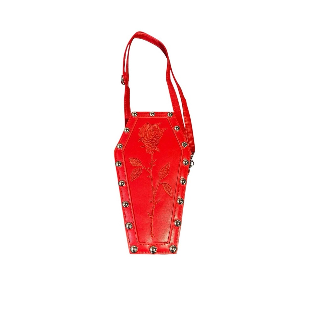 NEW red rose cross body bag purse zips closed‎ halloween horror coffin